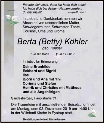 Traueranzeige von Berta Köhler von SYK