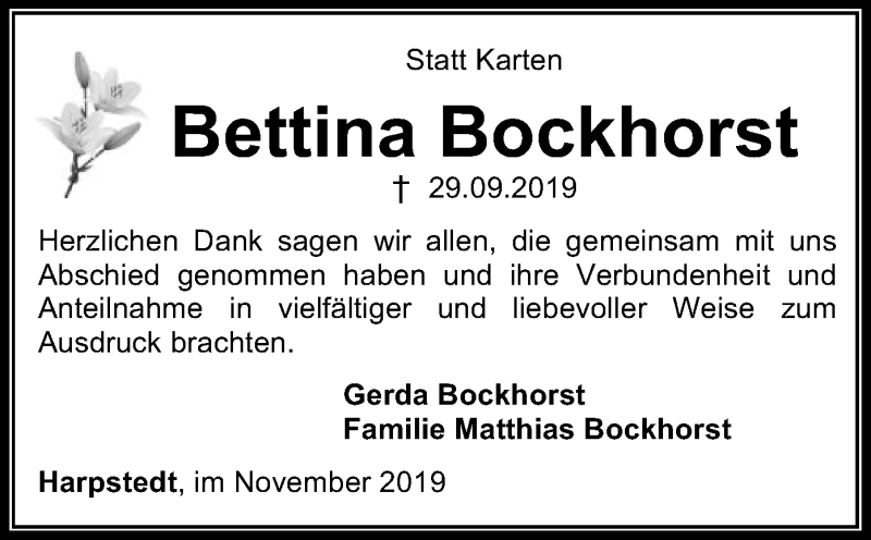  Traueranzeige für Bettina Bockhorst vom 30.11.2019 aus SYK