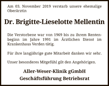 Traueranzeige von Brigitte-Lieselotte Mellentin von SYK