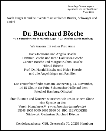 Traueranzeige von Burchard Bösche von SYK