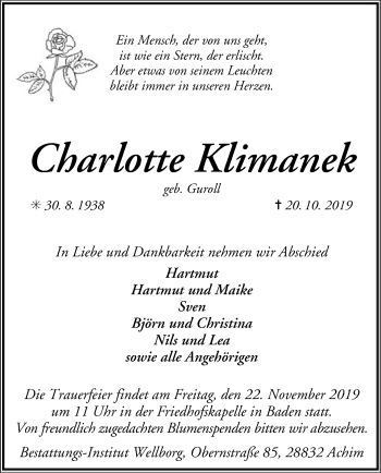 Traueranzeige von Charlotte Klimanek von SYK