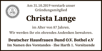 Traueranzeige von Christa Lange von SYK