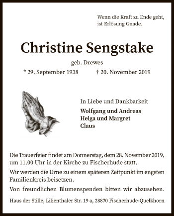 Traueranzeige von Christine Sengstake von SYK