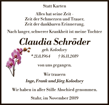 Traueranzeige von Claudia Schröder von SYK