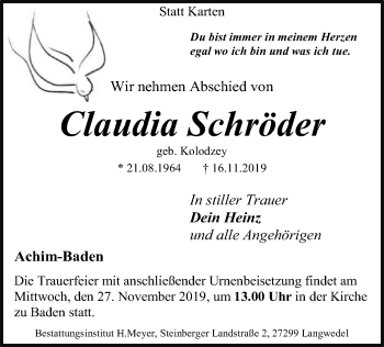 Traueranzeige von Claudia Schröder von SYK