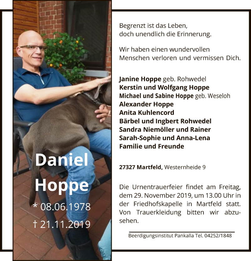  Traueranzeige für Daniel Hoppe vom 23.11.2019 aus SYK