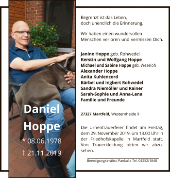 Traueranzeige von Daniel Hoppe von SYK