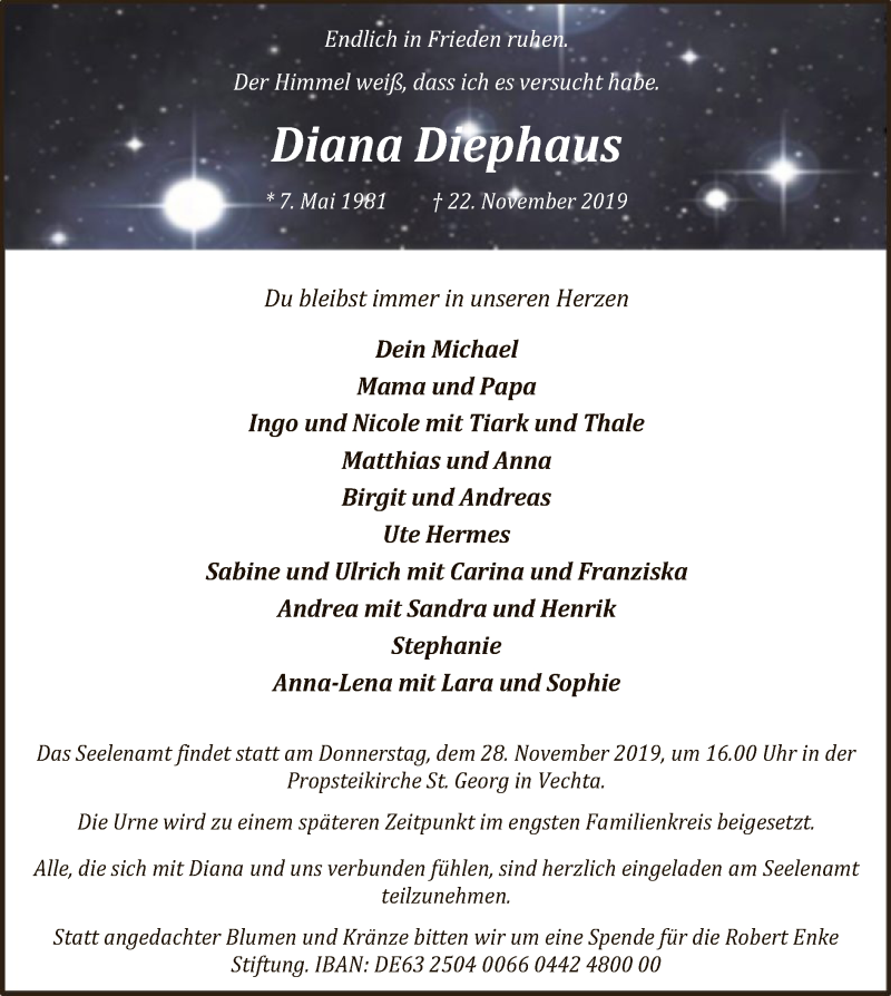  Traueranzeige für Diana Diephaus vom 27.11.2019 aus SYK