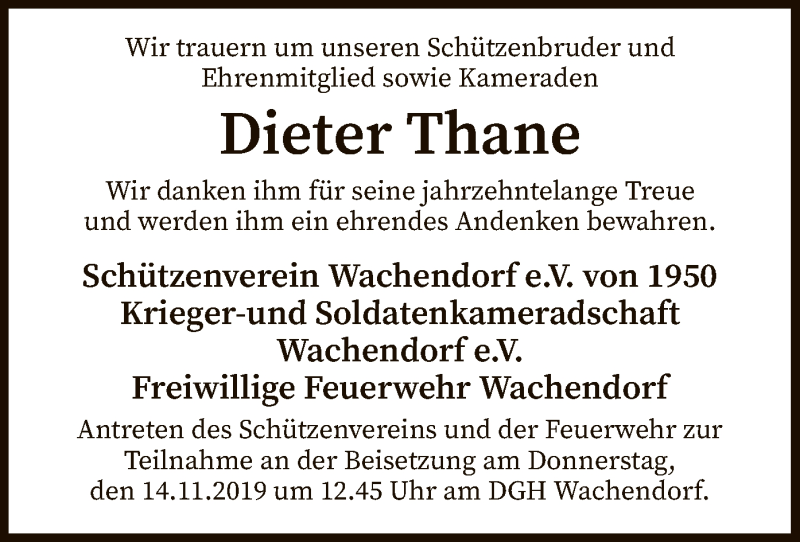 Traueranzeige für Dieter Thane vom 12.11.2019 aus SYK