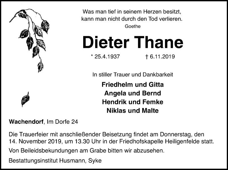 Traueranzeige für Dieter Thane vom 09.11.2019 aus SYK