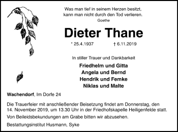 Traueranzeige von Dieter Thane von SYK