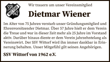 Traueranzeige von Dietmar Wiener von SYK