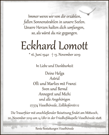 Traueranzeige von Eckkard Lomott von SYK