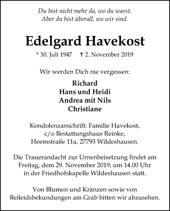 Traueranzeige von Edelgard Havekost von SYK