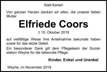 Traueranzeige von Elfriede Coors von SYK