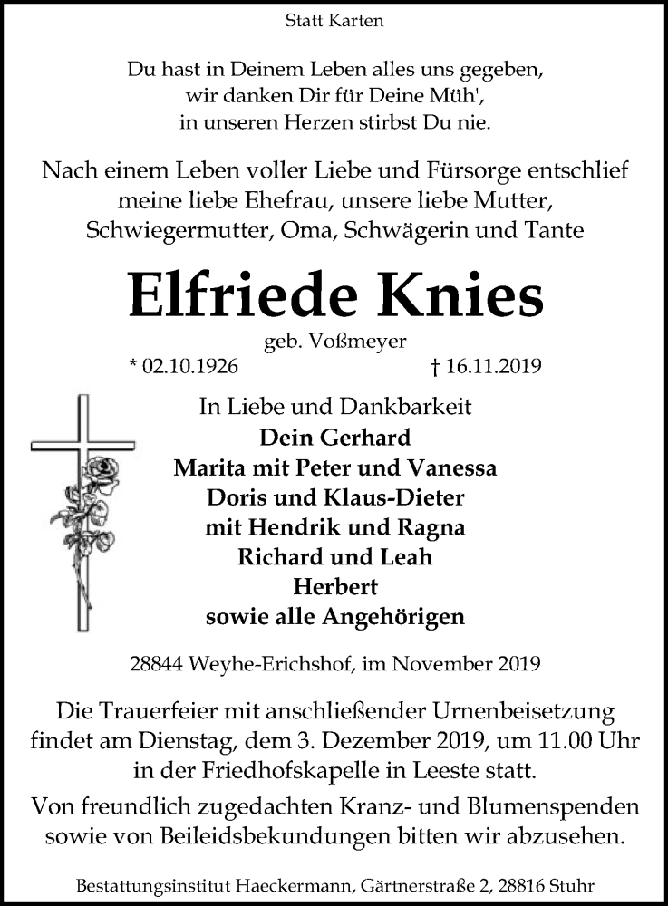  Traueranzeige für Elfriede Knies vom 23.11.2019 aus SYK