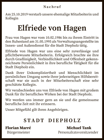 Traueranzeige von Elfriede von Hagen von SYK