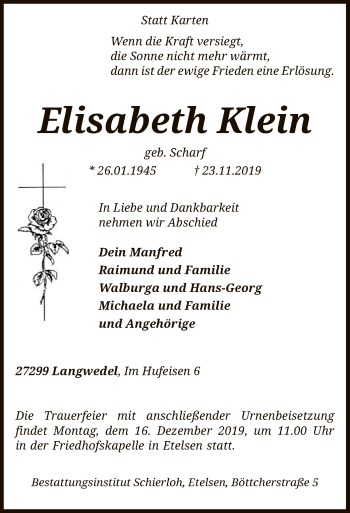 Traueranzeige von Elisabeth Klein von SYK