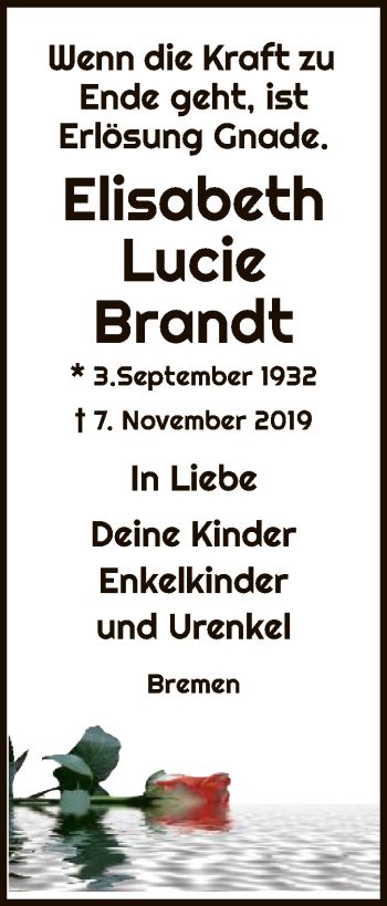 Traueranzeige von Elisabeth Lucie Brandt von SYK