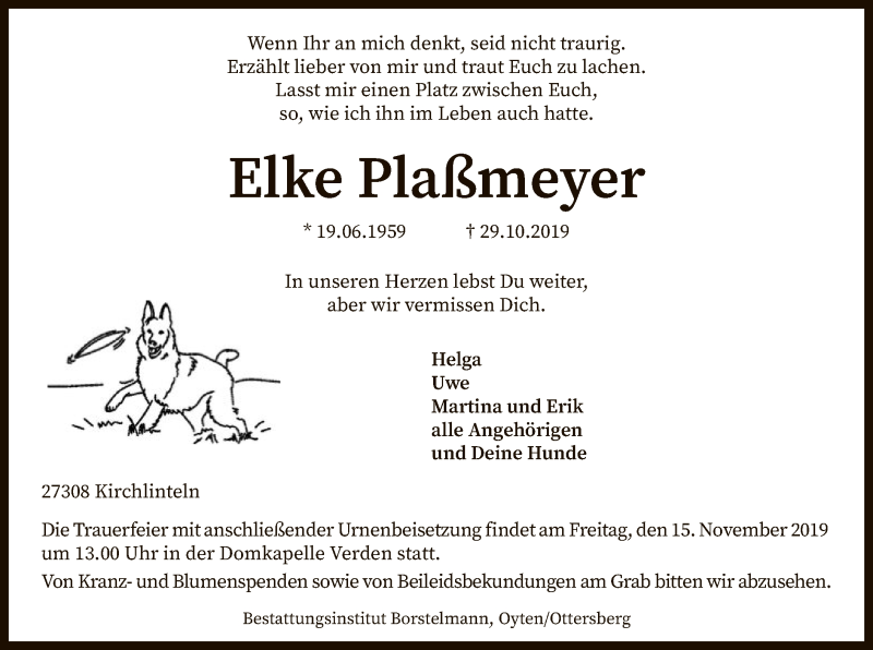  Traueranzeige für Elke Plaßmeyer vom 09.11.2019 aus SYK