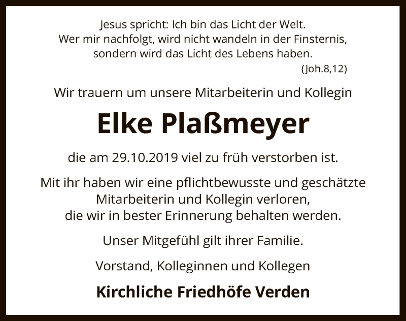  Traueranzeige für Elke Plaßmeyer vom 09.11.2019 aus SYK