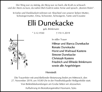 Traueranzeige von Elli Dunekacke von SYK