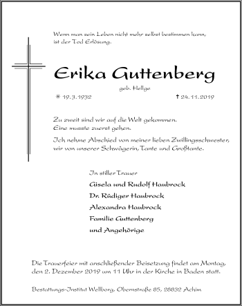 Traueranzeige von Erika Guttenberg von SYK