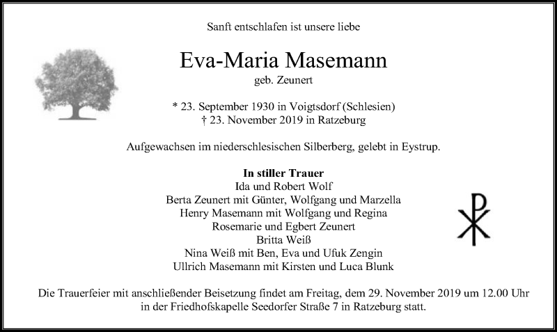  Traueranzeige für Eva-Maria Masemann vom 27.11.2019 aus SYK