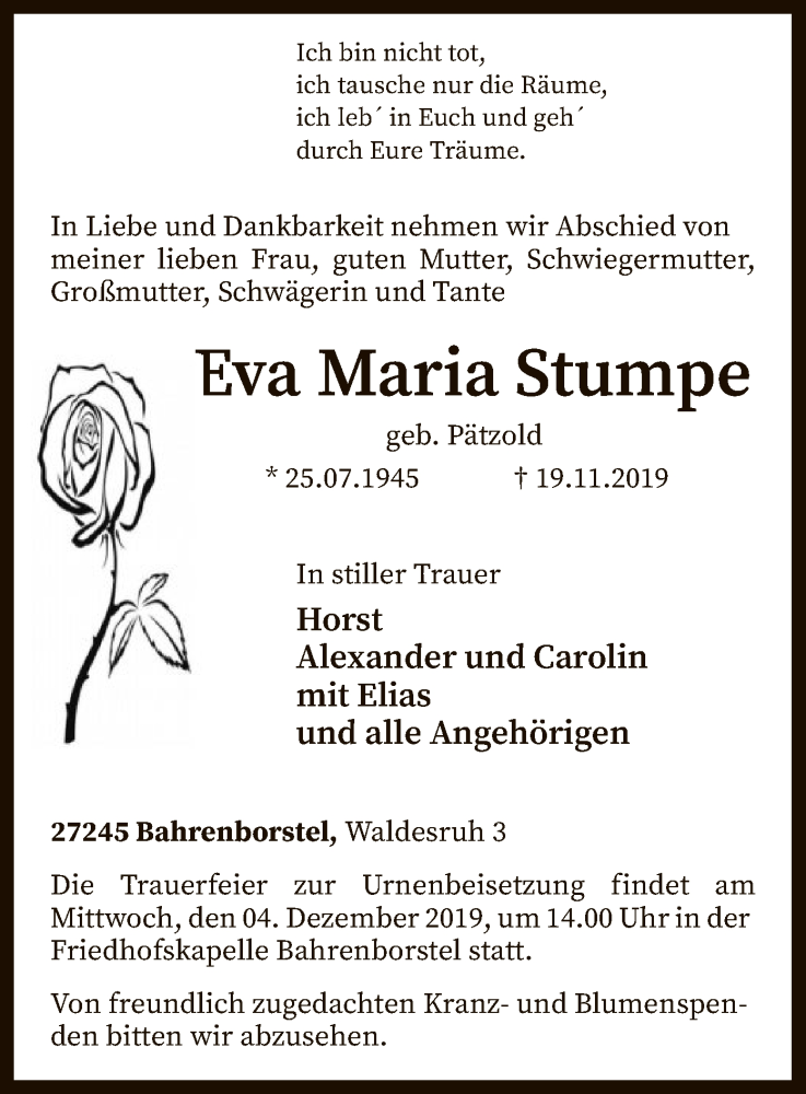  Traueranzeige für Eva Maria Stumpe vom 28.11.2019 aus SYK