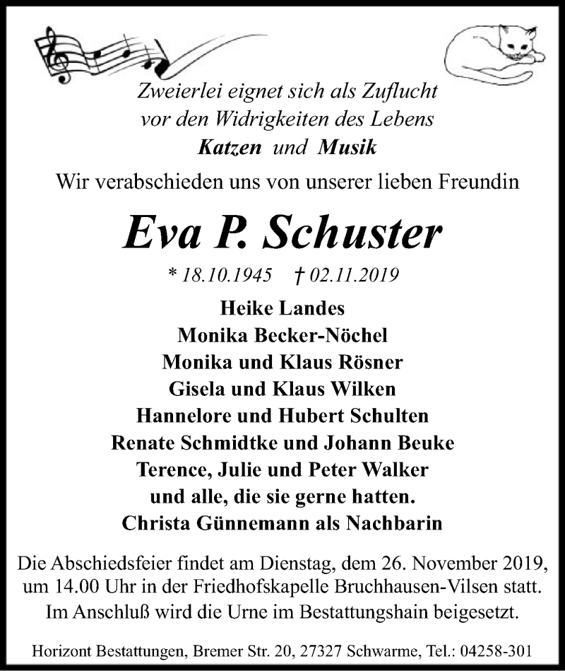  Traueranzeige für Eva P. Schuster vom 19.11.2019 aus SYK