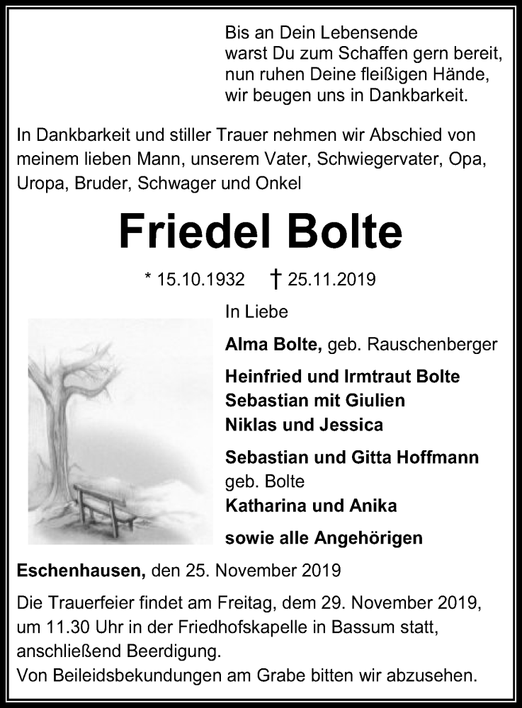  Traueranzeige für Friedel Bolte vom 27.11.2019 aus SYK