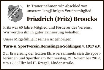 Traueranzeige von Friedrich Broocks von SYK