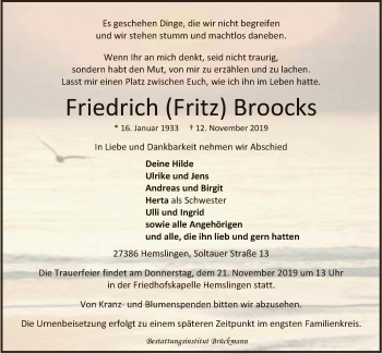 Traueranzeige von Friedrich Broocks von SYK