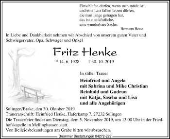 Traueranzeige von Fritz Henke von SYK