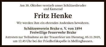 Traueranzeige von Fritz Henke von SYK