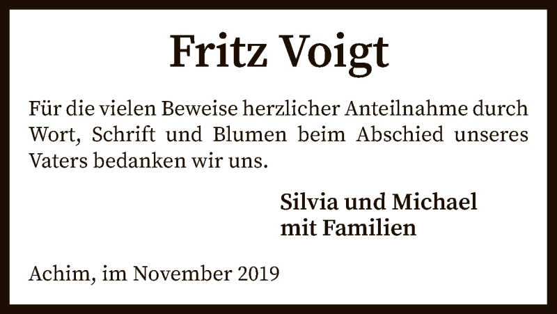  Traueranzeige für Fritz Voigt vom 16.11.2019 aus SYK