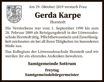 Traueranzeige von Gerda Karpe von SYK