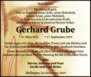 Traueranzeige von Gerhard Grube von SYK