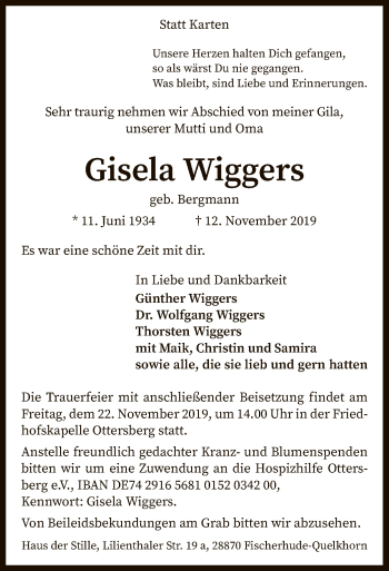 Traueranzeige von Gisela Wiggers von SYK