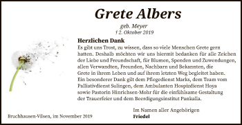 Traueranzeige von Grete Albers von SYK