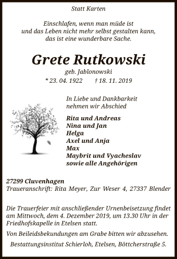 Traueranzeige von Grete Rutkowski von SYK