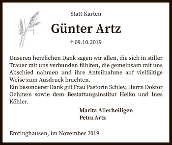 Traueranzeige von Günter Artz von SYK