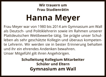 Traueranzeige von Hanna Meyer von SYK