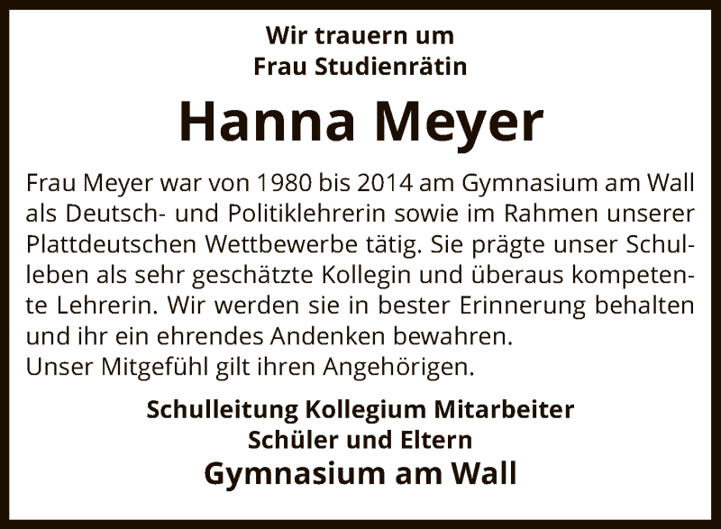  Traueranzeige für Hanna Meyer vom 02.11.2019 aus SYK