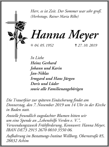 Traueranzeige von Hanna Meyer von SYK