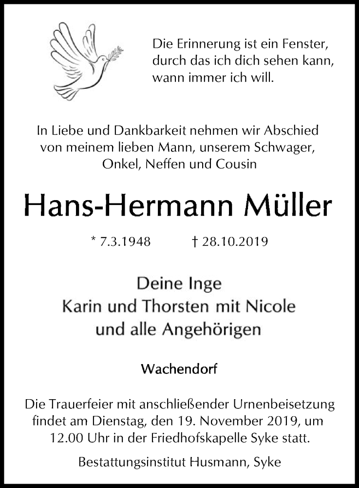  Traueranzeige für Hans-Hermann Müller vom 08.11.2019 aus SYK