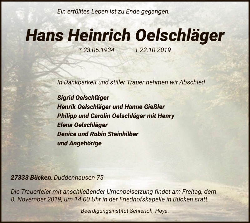  Traueranzeige für Hans Heinrich Oelschläger vom 02.11.2019 aus SYK