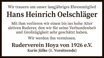 Traueranzeige von Hans Heinrich Oelschläger von SYK