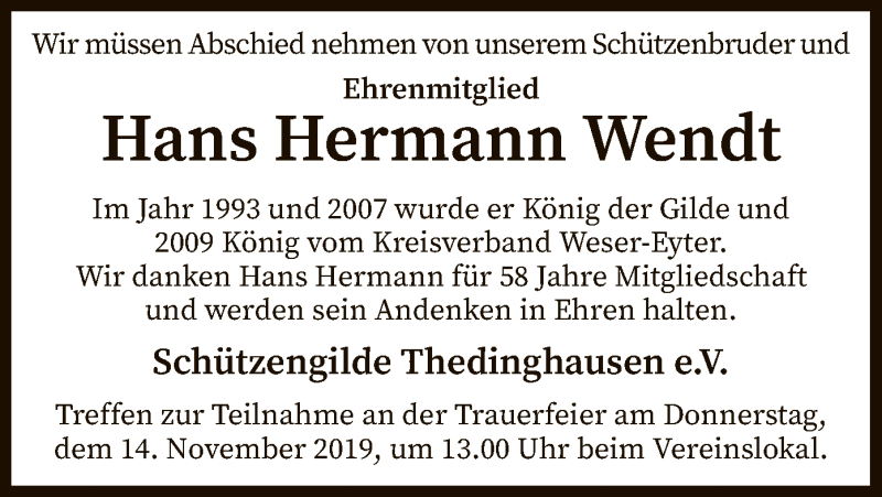  Traueranzeige für Hans Hermann Wendt vom 09.11.2019 aus SYK