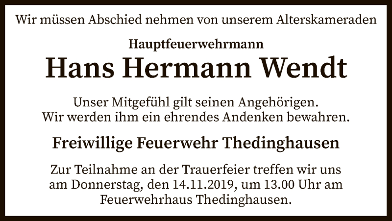  Traueranzeige für Hans Hermann Wendt vom 09.11.2019 aus SYK